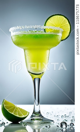 Margarita cocktail with lime slice and salt on the rim, with a lime wedge at the base, standing on a reflective surface with water droplets 118675778