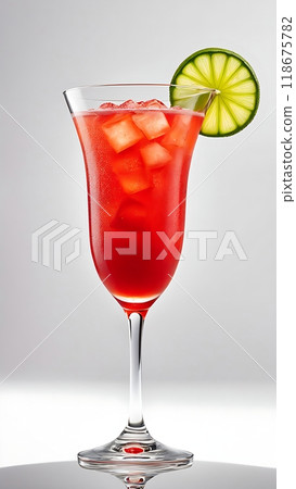 Red cocktail with ice cubes in a tall glass garnished with a lime slice. Minimalistic background with reflection 118675782
