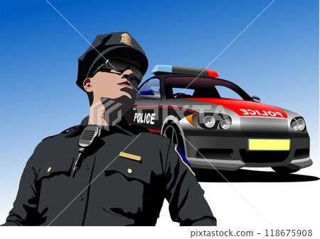 American police officer  and police car. 3d color vector hand drawn  illustration 118675908