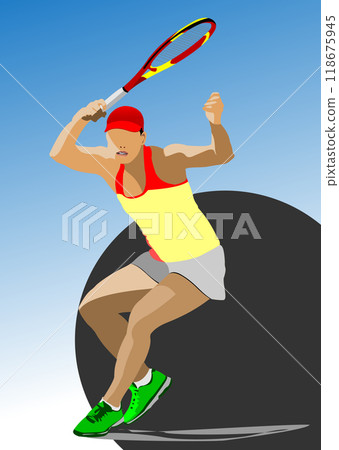 Tennis player poster. Colored Vector 3d illustration for designers. Hand drawn illustration Tennis player poster. Colored Vector 3d illustration for designers. Hand drawn illustration 118675945