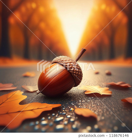 Illustration of fallen leaves and acorns 118676146