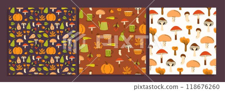 Set of seamless patterns for fall season. Autumn cozy set with pumpkin, leaves and mushrooms. Vector illustration. 118676260