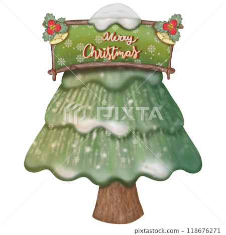 Christmas tree hand drawn illustration for  decoration. Winter pre made card with lettering. 118676271