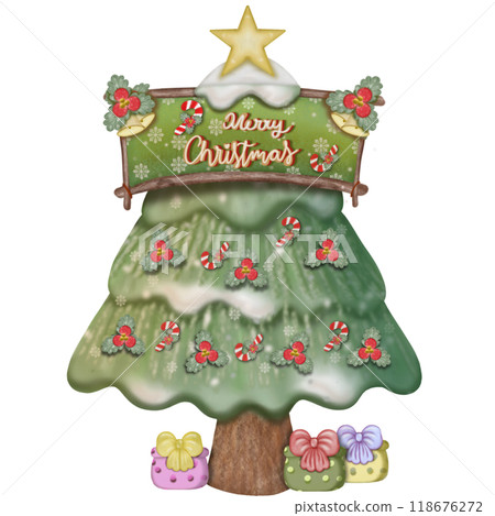 Christmas tree hand drawn illustration for decoration. Winter pre made card with lettering. Christmas tree hand drawn illustration for decoration. Winter pre made card with lettering. 118676272