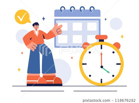 Vector Illustration of Time Management with Clock Settings, Task Planning, Training Activities, and Scheduling in a Flat Cartoon Style Background Vector Illustration of Time Management with Clock Settings, Task Planning, Training Activities, and Scheduling in a Flat Cartoon Style Background 118676282