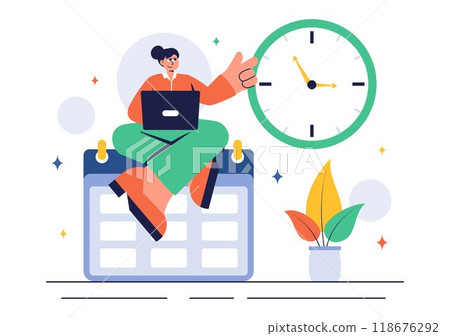 Vector Illustration of Time Management with Clock Settings, Task Planning, Training Activities, and Scheduling in a Flat Cartoon Style Background 118676292