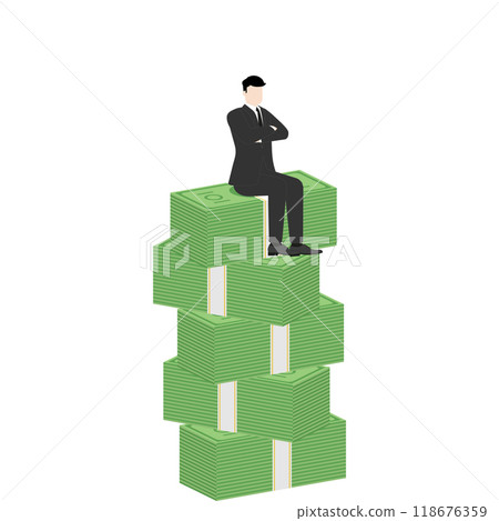 A successful leader visionary businessman sitting confidently on a stack of banknotes. Concepts of money, investment, wealth, financial growth, and strategic business decisions in competitive economy. 118676359