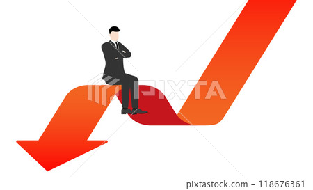 A successful leader visionary businessman sitting confidently on a red arrow down. Concepts of money, investment, wealth, financial growth, and strategic business decisions in competitive economy 118676361