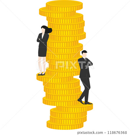 Businessman and businesswoman stand confidently at a stack of coins. Concepts of Sales volumn, reach target, wealth creation, financial leadership, and power of teamwork in achieving economic success Businessman and businesswoman stand confidently at a stack of coins. Concepts of Sales volumn, reach target, wealth creation, financial leadership, and power of teamwork in achieving economic success 118676368