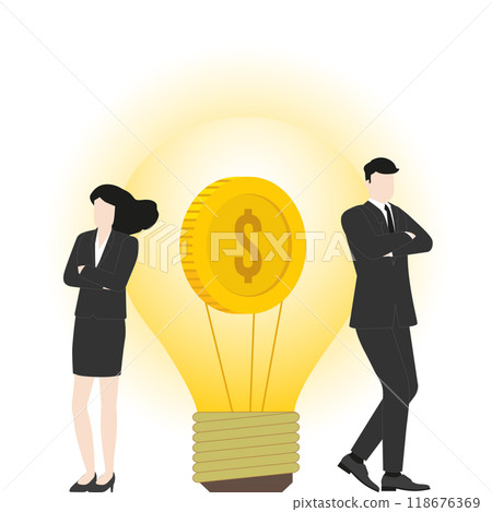 Businessman and businesswoman stand confidently at a lightbulb coins. Concepts of idea thinking, target, wealth creation, financial leadership, and power of teamwork in achieving economic success 118676369