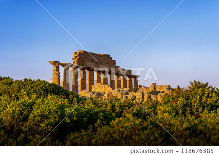 The ruins of the temple of Selinunte surrounded by greenery The ruins of the temple of Selinunte surrounded by greenery 118676385