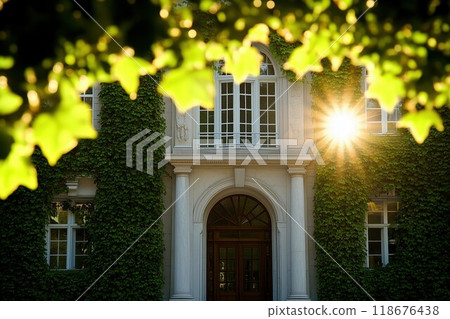 A university building covered with ivy reflecting the light A university building covered with ivy reflecting the light 118676438