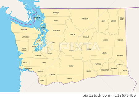 Washington, U.S. state, subdivided into 39 counties, political map with borders and county names. Westernmost state in the Pacific Northwest region of the United States, nicknamed The Evergreen State. Washington, U.S. state, subdivided into 39 counties, political map with borders and county names. Westernmost state in the Pacific Northwest region of the United States, nicknamed The Evergreen State. 118676499