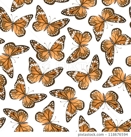 Monarch butterflies in orange brown and black colors watercolor seamless pattern on white background. Fall flying insects migrating before autumn clipart 118676594