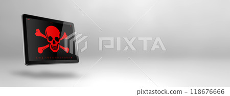 Digital tablet PC with a pirate symbol on screen. Hacking and virus concept Digital tablet PC with a pirate symbol on screen. Hacking and virus concept 118676666