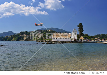 Beautiful Vlacherna Monastery and Mouse island.(Pontikonisi) Corfu - Kerkyra. Greece. Beautiful colorful island for summer holidays and travel. 118676744