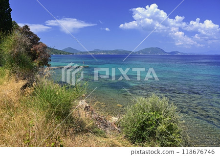 Beautiful beach with sea, sun and blue sky. Concept for travel and summer vacation. Greece-island of Corfu. Beautiful beach with sea, sun and blue sky. Concept for travel and summer vacation. Greece-island of Corfu. 118676746