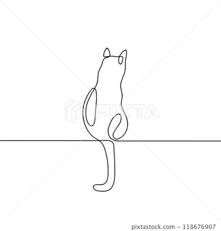 Continuous line drawing of sitting cat. Minimalist black linear sketch isolated on white background. 118676907
