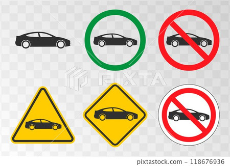 Auto vehicle traffic sign charging station symbol icon set. Car prohibition logo sign collection. Vector illustration image. No cars Allowed Auto vehicle traffic sign charging station symbol icon set. Car prohibition logo sign collection. Vector illustration image. No cars Allowed 118676936