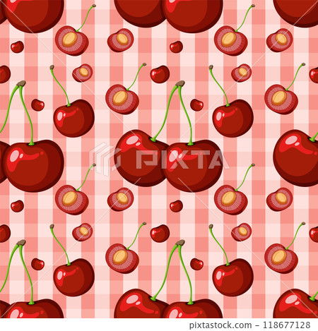 Seamless Cherry Pattern on Plaid 118677128