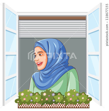 Woman Smiling at Open Window 118677155