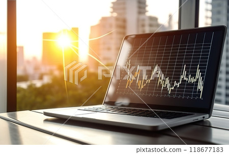 A laptop is placed on a wooden table beside a cup of coffee 118677183