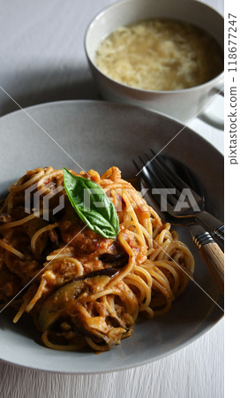 Tomato sauce pasta with eggplant and tuna Tomato sauce pasta with eggplant and tuna 118677247