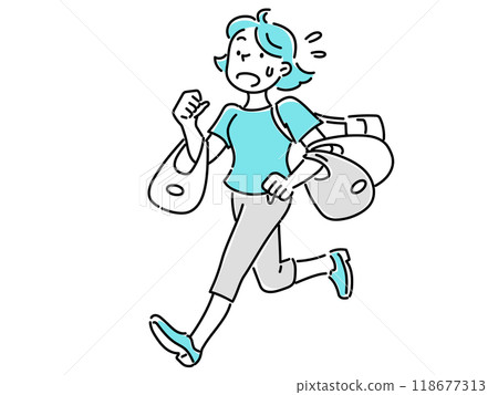 A young woman running in a hurry with many shopping bags 118677313
