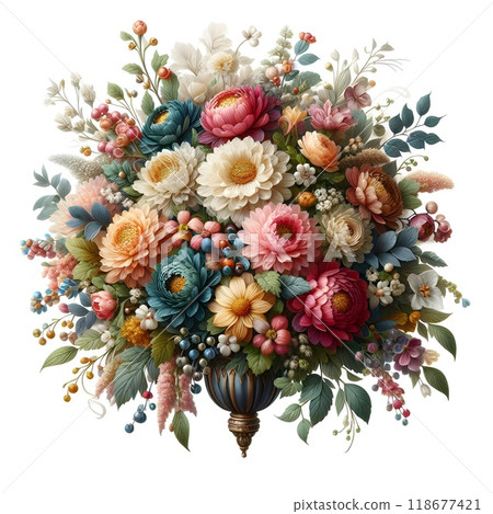 A beautiful bouquet of intricately designed flowers surrounds a luxurious, ornate Easter egg. The composition radiates with colors and intricate details, symbolizing the joy of spring and Easter celeb 118677421
