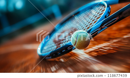 Close Up of a Tennis Racquet String Pattern at Sunset. Generative AI Close Up of a Tennis Racquet String Pattern at Sunset. Generative AI 118677439