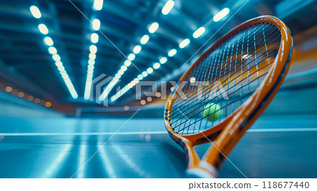 Close Up of a Tennis Racquet String Pattern at Sunset. Generative AI 118677440