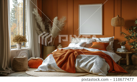 Cozy modern bedroom with white wooden frame, bed and warm orange walls. Generative AI 118677477