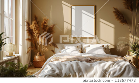 Cozy modern bedroom with white wooden frame, bed and warm orange walls. Generative AI 118677478