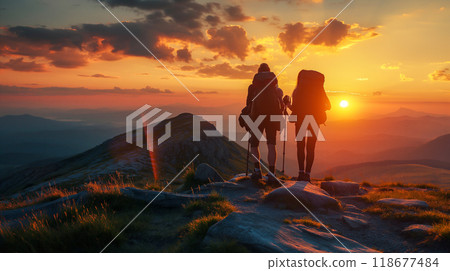 Couple Hiking at Sunset on Mountain Peak. Generative AI 118677484