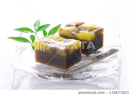 Yokan (steamed chestnut yokan) served on a glass plate on a white background Yokan (steamed chestnut yokan) served on a glass plate on a white background 118677603