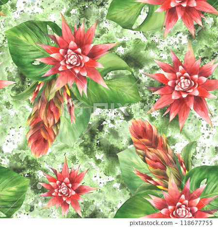 Tropical plant arrangement seamless pattern on watercolor stain splashes background. Red bromeliad flower, buds, anthurium leaf, exotic leaves. Hand drawn illustration. Fabric on isolated background  118677755
