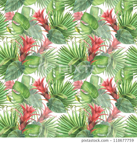 Watercolor tropical seamless pattern. Red flower, green palm leaf, exotic plant evergreen leaves. Jungle greenery. Floral Hawaiian summer design. Hand drawn illustration on isolated white background  118677759
