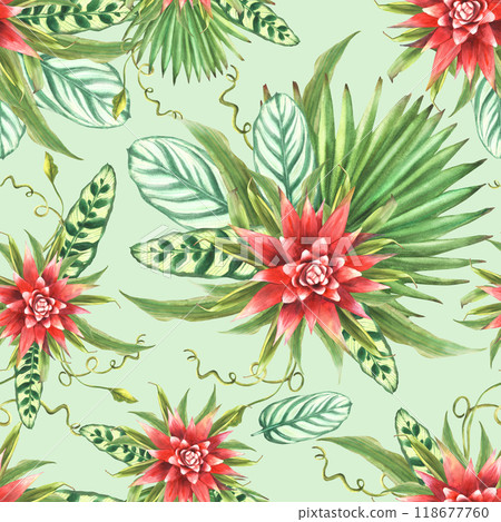 Watercolor tropical leaves with red flowers, palm leaf, curly foliage seamless pattern. Exotic plant floral Hawaiian summer fabric. Watercolor painted illustration. Isolated green coloured background  118677760