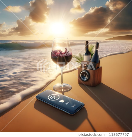 A beautiful glass of red wine sits on a sandy beach at sunset. The waves softly touch the shore as the sunlight reflects through the wine, creating a stunning fusion of colors between the sea, sky, an 118677797