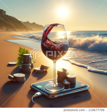 A beautiful glass of red wine sits on a sandy beach at sunset. The waves softly touch the shore as the sunlight reflects through the wine, creating a stunning fusion of colors between the sea, sky, an 118677798