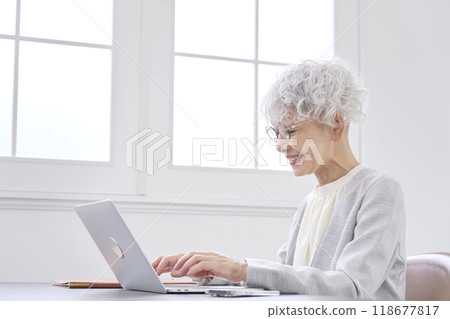 Elderly businesswoman working on laptop in office 118677817