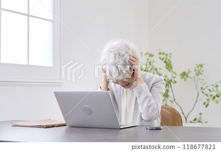 Senior businesswoman holding her head in front of a laptop computer, office Senior businesswoman holding her head in front of a laptop computer, office 118677821