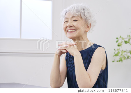 Portrait of an elderly woman in the living room 118677841