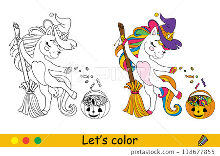 Halloween coloring cute dancing unicorn witch vector illustration 118677855