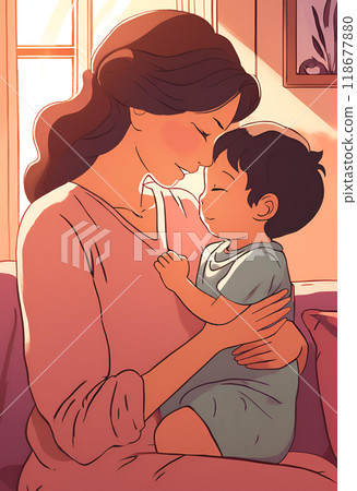 Illustration of a smiling child and mother in warm colors 118677880