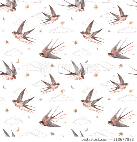 Beautiful seamless pattern with hand drawn watercolor swallows. Martin birds. Stock illustration. 118677888