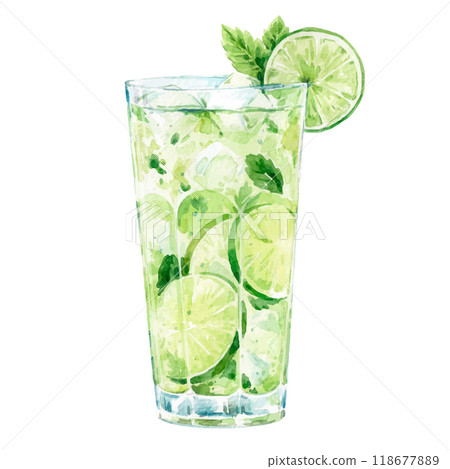 Watercolor vector Mojito illustration. Alcohol long drink clipart. Glass of cocktail. Club shake beverage hand drawn illustration. Stock print. Watercolor vector Mojito illustration. Alcohol long drink clipart. Glass of cocktail. Club shake beverage hand drawn illustration. Stock print. 118677889
