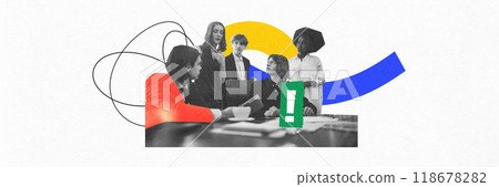 Contemporary art collage. Group of professionals gathers around laptop, discussing ideas and strategies, symbolizing teamwork and dynamic problem-solving. 118678282
