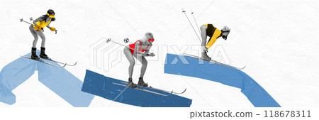 Contemporary art collage. Skiers, each in vibrant gear, prepare for challenging descent, encapsulating thrill of competition and winter recreation. Contemporary art collage. Skiers, each in vibrant gear, prepare for challenging descent, encapsulating thrill of competition and winter recreation. 118678311