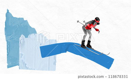 Contemporary art collage. Skier in bold red outfit descends down minimalist icy slope, highlighting thrill of winter sports and adventure. Contemporary art collage. Skier in bold red outfit descends down minimalist icy slope, highlighting thrill of winter sports and adventure. 118678331